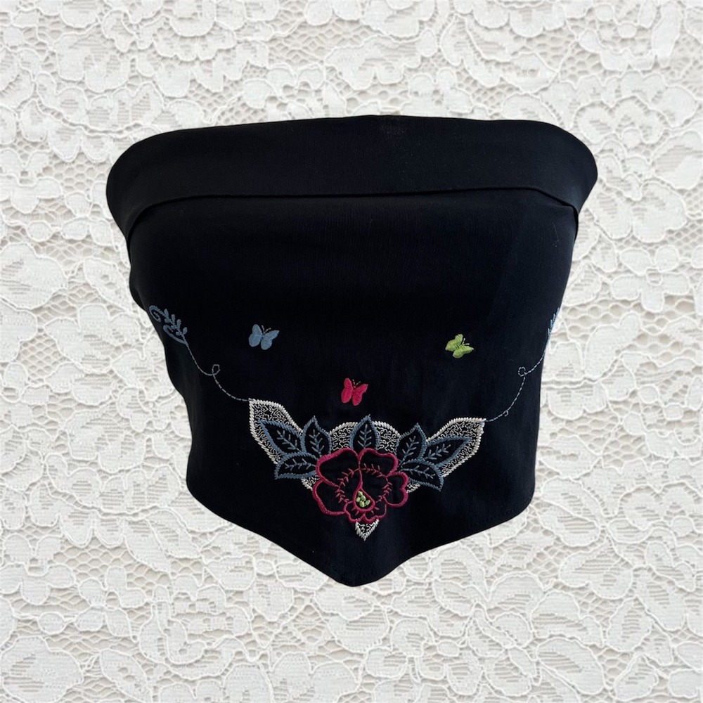 vintage y2k black tie back tube top with cute butterfly and flower embroidery